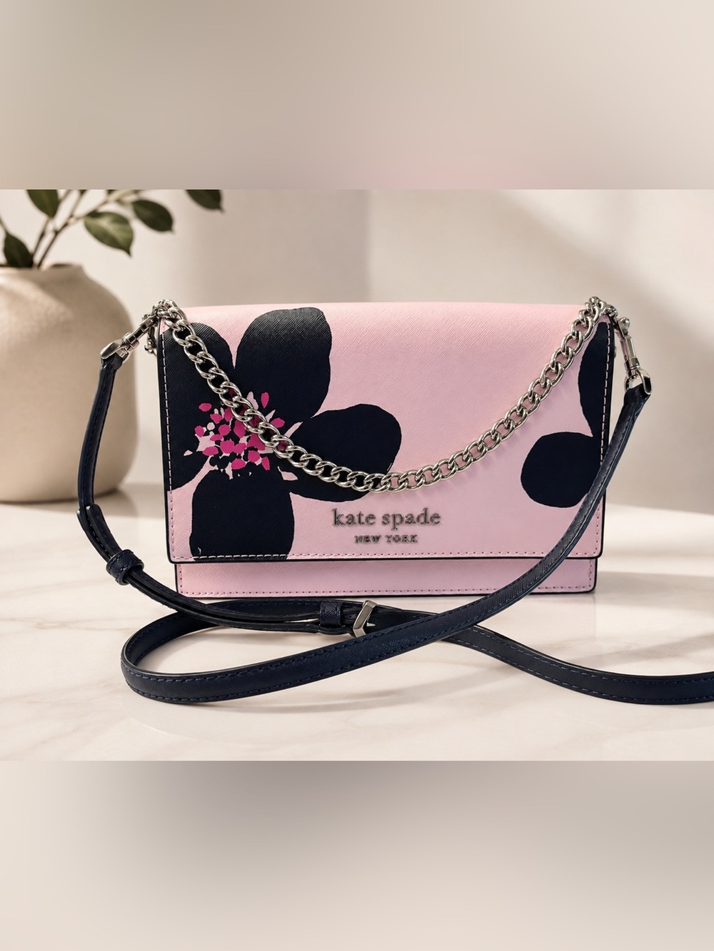 kate spade Pink Floral Leather Crossbody with Navy Accents